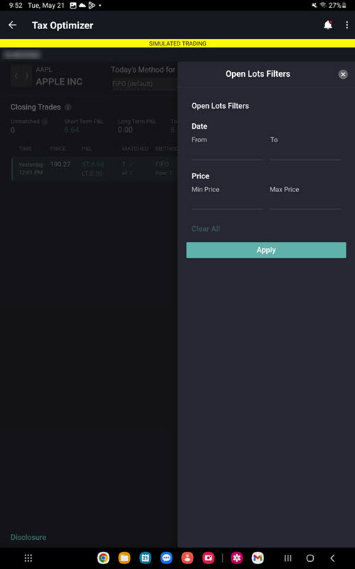 The tax optimizer open lots filters on the Android Tablet. 